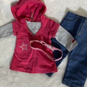 EUC - American Girl 3PC Doll Outfit - Pink long sleeve shirt, Jeans and Headband